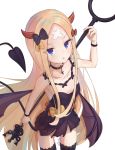  1girl abigail_williams_(fate/grand_order) alternate_costume bandaid_on_forehead bangs bare_shoulders black_bow black_dress black_hair blonde_hair blue_eyes blush bow breasts collarbone cross_choker crossed_bandaids demon_girl demon_horns demon_tail demon_wings dress fate/grand_order fate_(series) forehead highres horns long_hair looking_at_viewer mikami_hotaka open_mouth orange_bow parted_bangs simple_background small_breasts solo staff tail thigh-highs thighs white_background wings wristband 
