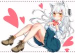  1girl animal_ears black_bow blush bow brown_footwear cat_ears cat_tail dated full_body hair_bow hair_ornament hairclip heart holding_heart knees_up long_hair long_sleeves looking_at_viewer michiru_donut original shoes simple_background sitting skirt solo tail white_background white_hair yellow_eyes 