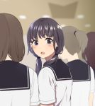  4girls bangs black_sailor_collar blue_eyes blurry blurry_background blush brown_hair depth_of_field eyebrows_behind_hair long_hair looking_at_viewer looking_to_the_side low_twintails mattaku_mousuke multiple_girls open_mouth original ponytail sailor_collar school_uniform serafuku shirt short_sleeves solo_focus twintails upper_body white_shirt 