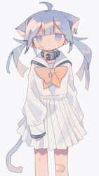  1girl ahoge animal_ear_fluff animal_ears bandaid bandaid_on_face bangs blue_eyes bow cat_ears cat_girl cat_tail collar daizu_(melon-lemon) ear_piercing extra_ears gradient_eyes grey_background highres lavender_hair long_hair long_sleeves looking_at_viewer low_twintails multicolored multicolored_eyes muted_color no_nose original parted_lips piercing pleated_skirt puffy_sleeves sailor_collar school_uniform serafuku simple_background skirt sleeves_past_wrists solo sweat tail twintails white_sailor_collar white_skirt yellow_bow yellow_neckwear 