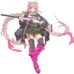  1girl bangs black_legwear boots full_body garter_straps gun hair_ribbon highres last_origin long_hair looking_at_viewer low_tied_hair official_art pink_hair ribbon rifle rorobomb sniper_rifle solo t-14_miho tachi-e thigh-highs transparent_background twintails very_long_hair weapon 