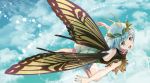  1girl album_cover antennae aqua_hair back_cutout blue_eyes blue_hair butterfly_wings clouds commentary_request cover dress eternity_larva flying highres kyuu_umi leaf leaf_on_head open_mouth short_sleeves sky smile solo touhou wings 