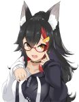  1girl absurdres animal_ears black_hair breasts casual collarbone commentary_request glasses hair_between_eyes hair_ornament hairclip highres hololive looking_at_viewer ookami_mio open_mouth ponytail portrait satobitob simple_background solo sweater virtual_youtuber white_background wolf_ears yellow_eyes 