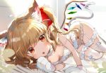  1girl :o animal_ear_fluff animal_ears bangs bare_arms bare_shoulders blonde_hair blush bra cat_ears choker commentary_request eyebrows_visible_through_hair flandre_scarlet garter_belt gloves hair_ribbon highres indoors kemonomimi_mode lace lace-trimmed_legwear leg_garter long_hair looking_at_viewer lying no_hat no_headwear on_side one_side_up open_mouth paw_gloves paws pointy_ears red_eyes red_ribbon ribbon satoupote sidelocks solo strap_slip thigh-highs thighs touhou underwear white_bra white_choker white_gloves white_legwear 