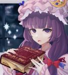  1girl :p bangs blue_ribbon blunt_bangs book bow commentary_request crescent crescent_hair_ornament dress eyebrows_visible_through_hair hair_bow hair_ornament hat hat_ribbon highres holding holding_book long_hair long_sleeves looking_at_viewer mob_cap mole mole_under_mouth patchouli_knowledge purple_dress purple_hair purple_headwear red_bow ribbon solo takeyukiwa_tikuwa tongue tongue_out touhou upper_body violet_eyes window 