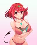  1girl :q absurdres animal bra breasts closed_mouth collarbone demon_tail dog eyebrows_visible_through_hair highres holding holding_animal pyra_(xenoblade) kiiro_kimi large_breasts looking_at_viewer panties red_bra red_eyes red_panties redhead short_hair smile solo tail tongue tongue_out underwear underwear_only xenoblade_(series) xenoblade_2 