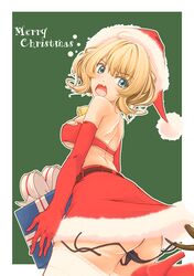  1girl alternate_costume bikini black_panties blonde_hair blue_eyes box breasts christmas colorado_(kantai_collection) commentary_request elbow_gloves gift gift_box gloves graphite_(medium) hat kantai_collection large_breasts merry_christmas miniskirt panties red_bikini_top red_gloves red_skirt santa_costume santa_hat short_hair side-tie_panties skirt slowpit solo strapless strapless_bikini swimsuit traditional_media underwear wardrobe_malfunction 