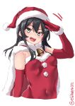  1girl alternate_costume black_hair blush breasts christmas dress ebifurya elbow_gloves eyebrows_visible_through_hair fur-trimmed_dress fur_trim gloves grey_eyes hair_ornament hairclip hat highres kantai_collection long_hair looking_at_viewer open_mouth oyashio_(kantai_collection) red_dress red_gloves santa_costume santa_dress santa_hat simple_background small_breasts smile solo twitter_username white_background 