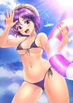  1girl :d bangs bare_arms bare_shoulders bikini bird blue_sky blush breasts clouds collarbone commentary cowboy_shot day front-tie_bikini front-tie_top hands_up hat hat_ribbon head_tilt highres holding innertube looking_at_viewer medium_breasts mob_cap nail_polish navel open_mouth outdoors purple_bikini purple_hair red_eyes red_nails red_ribbon remilia_scarlet ribbon short_hair side-tie_bikini sky smile solo standing stomach sun swimsuit thighs touhou uemura_shun white_headwear 