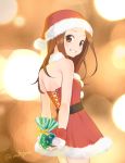  1girl backless_dress backless_outfit bangs bare_shoulders blurry blurry_background blush brown_eyes brown_hair christmas commentary_request cowboy_shot detached_collar dress forehead from_behind fur_trim gift hat holding holding_gift karakai_jouzu_no_takagi-san light long_hair looking_at_viewer looking_back parted_bangs red_dress santa_costume santa_hat sidelocks smile solo takagi-san twitter_username tytj5222 