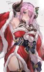  1girl 666_(ro_ro_ro3) absurdres bare_shoulders black_legwear blue_eyes blush braid breasts christmas closed_mouth draph dress fur-trimmed_dress garter_straps gloves granblue_fantasy hair_ornament hair_over_one_eye highres horns large_breasts lavender_hair long_hair looking_at_viewer low_tied_hair narmaya_(granblue_fantasy) pointy_ears red_dress sash smile thighs 