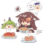  2girls :3 :p animal_ear_fluff animal_ears bangs blush blush_stickers boned_meat bowl brooch brown_hair chibi clenched_hands crying crying_with_eyes_open dress eyebrows_visible_through_hair fang food green_hair hair_between_eyes holding holding_spoon horn imaizumi_kagerou jewelry komano_aun long_hair long_sleeves meat multiple_girls o_o open_mouth plate red_eyes simple_background smile soup sparkle spoken_squiggle spoon squiggle steak tears tongue tongue_out touhou white_background white_dress wolf_ears wool_(miwol) yagokoro 