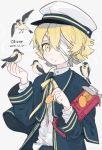  1boy 2019 bandage_over_one_eye beak_hold bird blonde_hair blue_capelet blue_jacket box capelet character_name closed_mouth commentary cookie crumbs dated feeding flying food hands_up hat holding holding_box holding_food jacket james_(vocaloid) looking_at_viewer male_focus nattu_bon neck_ribbon oliver_(vocaloid) ribbon sailor_collar sailor_hat shirt short_hair solo upper_body vocaloid white_shirt yellow_eyes yellow_ribbon 