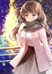  1girl bangs blurry blurry_background brown_hair brown_skirt commentary_request earrings eyebrows_visible_through_hair grin jacket jewelry kagachi_saku long_hair long_sleeves looking_at_viewer original pink_jacket signature skirt smile solo wavy_hair 