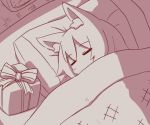  1girl animal_ear_fluff animal_ears bangs blush box closed_eyes eyebrows_visible_through_hair fox_ears futon gift gift_box kemomimi-chan_(naga_u) lying monochrome naga_u on_side original pillow sleeping solo under_covers 