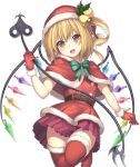  1girl :d bangs bell belt blonde_hair blush boots bow bowtie brown_belt capelet commentary_request cowboy_shot crystal dress eyebrows_visible_through_hair fang flandre_scarlet fur-trimmed_boots fur-trimmed_gloves fur_trim gloves green_bow green_neckwear hair_bell hair_between_eyes hair_ornament hand_up hat head_tilt highres holding janne_cherry laevatein long_hair looking_at_viewer miniskirt one_side_up open_mouth partial_commentary pleated_dress pom_pom_(clothes) red_capelet red_eyes red_footwear red_gloves red_headwear red_shirt red_skirt santa_costume santa_hat shirt simple_background skirt smile solo standing standing_on_one_leg thigh-highs thigh_boots thighs touhou white_background wings zettai_ryouiki 
