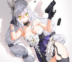  1girl bangs black_gloves black_legwear black_panties blush breasts choker closed_mouth dress eyelashes eyes_visible_through_hair facial_mark flower frills garter_straps girls_frontline gloves green_eyes gun hair_ornament hairband highres hk416_(girls_frontline) holding holding_gun holding_weapon jewelry large_breasts lee_seok_ho long_hair panties shadow sidelocks silver_hair simple_background solo teardrop underwear weapon white_background white_flower 