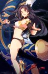  1girl armlet ass asymmetrical_legwear asymmetrical_sleeves bangs black_ribbon breasts earrings elbow_gloves fate/grand_order fate_(series) floating_hair gloves hair_ribbon high_heels hoop_earrings ishtar_(fate)_(all) ishtar_(fate/grand_order) jewelry long_hair long_legs looking_at_viewer medium_breasts muki_(mayuiki) neck_ring open_mouth parted_bangs pointing revision ribbon single_elbow_glove single_thighhigh solo thigh-highs two_side_up upper_teeth 