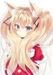  1girl animal_ear_fluff animal_ears bangs black_ribbon blonde_hair blue_eyes blush capelet closed_mouth commentary_request dress eyebrows_visible_through_hair fur-trimmed_capelet fur-trimmed_sleeves fur_trim hair_between_eyes hair_ribbon hands_up highres hizaka holding holding_hair long_hair long_sleeves original red_capelet red_dress ribbon santa_costume solo twintails upper_body very_long_hair white_background 