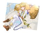  1boy artist_request blonde_hair boots bracelet earrings fate/grand_order fate_(series) golden_fleece green_eyes highres jason_(fate/grand_order) jewelry male_focus necklace ship short_hair smile solo watercraft 
