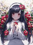  1girl bangs blurry blurry_background blush breasts copyright_request dress eyebrows_visible_through_hair flower fur_collar fur_trim hair_flower hair_ornament hairband highres holding holding_flower large_breasts long_sleeves looking_at_viewer red_flower snow solo ttosom white_dress white_hairband 