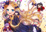  abigail_williams_(fate/grand_order) akirannu bangs black_bow black_dress black_headwear blonde_hair blue_eyes blush bow breasts dress fate/grand_order fate_(series) forehead hair_bow highres long_hair long_sleeves looking_at_viewer multiple_bows open_mouth orange_bow parted_bangs polka_dot polka_dot_bow sleeves_past_fingers sleeves_past_wrists smile stuffed_animal stuffed_toy teddy_bear very_long_hair white_bloomers 