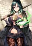  1girl absurdres black_shorts blue_eyes blue_hair book breasts byleth_(fire_emblem) byleth_eisner_(female) closed_mouth detached_collar fire_emblem fire_emblem:_three_houses highres holding holding_book holding_sword holding_weapon large_breasts medium_hair navel navel_cutout open_book pantyhose short_shorts shorts solo sword tea_texiamato weapon 
