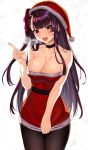  1girl absurdres annoyed bangs bare_shoulders be_garam belt blush breasts breathing collarbone dress eyebrows_visible_through_hair girls_frontline hair_ribbon half_updo hand_up hat highres irritated large_breasts long_hair looking_at_viewer one_side_up open_mouth pantyhose purple_hair red_dress red_eyes ribbon santa_costume santa_hat solo strapless strapless_dress tsundere tube_dress very_long_hair wa2000_(girls_frontline) 
