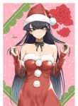  1girl alternate_costume bare_shoulders black_eyes black_hair border cowboy_shot detached_sleeves flower hat highres holding holding_hair komi-san_wa_komyushou_desu komi_shouko mitsugu neck_ribbon outside_border red_flower red_rose ribbon rose santa_costume santa_hat smile solo white_border 