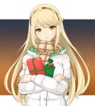  1girl alternate_costume bangs blonde_hair breasts casual dollinger hair_ornament headpiece mythra_(xenoblade) jacket jewelry large_breasts long_hair solo swept_bangs very_long_hair xenoblade_(series) xenoblade_2 