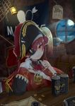  1girl absurdres barrel beer_can breasts can commentary_request eyepatch gloves gold_coin hat highres hololive houshou_marine inorihisa_nanaku looking_at_viewer pirate_hat red_eyes redhead ship_in_a_bottle sitting skull smile solo treasure_chest virtual_youtuber wanted white_gloves window 