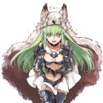  1girl :d alternate_costume animal_hood armored_boots bangs berserker_(granblue_fantasy) boots breasts c.c. claw_pose code_geass cosplay creayus eyebrows_visible_through_hair fang gao gauntlets granblue_fantasy green_hair hair_between_eyes hands_up hood long_hair medium_breasts open_mouth simple_background smile solo standing translated white_background yellow_eyes 