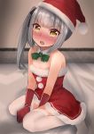  1girl bed_sheet black_ribbon blurry blurry_background blush commentary_request detached_collar fur_trim gloves green_ribbon grey_hair hair_ribbon hat highres kantai_collection kasumi_(kantai_collection) long_hair open_mouth pom_pom_(clothes) red_gloves ribbon santa_costume santa_hat sasakura_(calicchio) side_ponytail solo thigh-highs white_legwear yellow_eyes 