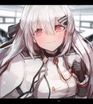  1girl absurdres bangs black_gloves blush breasts commentary eyebrows_visible_through_hair girls_frontline gloves hair_between_eyes hair_ornament hair_ribbon hairclip highres iws-2000_(girls_frontline) jacket letterboxed long_hair looking_at_viewer military military_uniform pn_pixi red_eyes ribbon shirt silver_hair smile solo uniform upper_body white_jacket white_shirt 