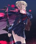  1girl artoria_pendragon_(all) bag black_ribbon blonde_hair bookbag braid character_request command_spell fate/grand_order fate_(series) french_braid hair_ribbon leather_bag looking_at_viewer master_artoria ribbon school_uniform serafuku solo thigh-highs thighs type-moon yahako yellow_eyes zettai_ryouiki 