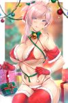  1girl absurdres alternate_costume bangs bare_shoulders bauble bell bell_collar bikini blue_eyes blurry blurry_background blush box breasts capelet christmas christmas_lights christmas_ornaments christmas_tree closed_mouth collar collarbone earrings eyebrows_visible_through_hair fate/grand_order fate_(series) fur-trimmed_gloves fur_trim gift gift_box gloves green_ribbon hair_ribbon highres huge_filesize jewelry large_breasts licking_lips long_hair looking_at_viewer miyamoto_musashi_(fate/grand_order) navel pink_hair red_bikini red_capelet red_gloves red_legwear red_ribbon rei_kun ribbon santa_bikini sitting smile solo star star_earrings swimsuit thigh-highs tongue tongue_out 