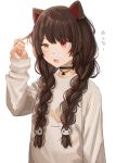  1girl absurdres animal_ears braid brown_hair choker dog_ears fangs grey_shirt hair_ornament hair_over_shoulder hand_up heterochromia highres holding holding_hair ibuki_(ibuki0118) inui_toko long_hair long_sleeves nijisanji open_mouth red_eyes sanpaku shirt simple_background solo twin_braids twintails upper_body virtual_youtuber white_background yellow_eyes 