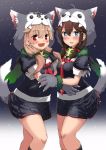  2girls ahoge bat black_serafuku black_shirt black_skirt blonde_hair blue_eyes blush brown_hair commentary_request eyebrows_visible_through_hair fang gouta_(nagishiro6624) green_scarf hair_between_eyes hair_flaps hair_ribbon highres hug kantai_collection knee_up looking_at_viewer low_twintails multiple_girls neckerchief night night_sky open_mouth plaid plaid_skirt red_eyes red_neckwear remodel_(kantai_collection) ribbon sailor_collar scarf school_uniform serafuku shigure_(kantai_collection) shirt short_sleeves skirt sky tail twintails wolf_hood wolf_paws wolf_tail yuudachi_(kantai_collection) 