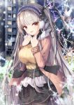  1girl alternate_costume azur_lane bangs blush breasts coat commentary_request dress earmuffs eyebrows_visible_through_hair formidable_(azur_lane) frills grey_hair large_breasts loli_ta1582 long_hair long_sleeves looking_at_viewer red_eyes ribbon scarf smile solo sweater twintails very_long_hair 