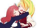  2girls :o blonde_hair blush bow closed_eyes earrings green_hair hair_bow hair_over_one_eye hug jacket jewelry long_hair long_sleeves minamoto_sakura multicolored_hair multiple_girls nikaidou_saki orange_hair pink_hair simple_background smile stud_earrings tutimaru0730 white_background yellow_eyes zombie_land_saga 