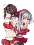  2girls absurdres alternate_costume blush braid breasts christmas closed_mouth elbow_gloves eyebrows_visible_through_hair fur_trim gloves grey_hair hair_between_eyes hair_ornament hair_ribbon highres kantai_collection kasumi_(kantai_collection) long_hair looking_at_viewer medium_breasts miniskirt multiple_girls navel open_mouth red_gloves red_skirt ribbon santa_costume shigure_(kantai_collection) side_ponytail single_braid skirt small_breasts smile soramuko thigh-highs 