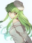  1girl arms_behind_back bangs bare_shoulders breasts c.c. choker closed_mouth code_geass creayus from_side green_hair hat head_tilt long_sleeves looking_at_viewer looking_to_the_side off_shoulder pom_pom_(clothes) sidelocks simple_background smile solo upper_body yellow_eyes 