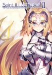  1girl armor armored_dress bangs banner bare_shoulders blonde_hair blue_eyes blush breasts chain closed_mouth commentary_request copyright_name cover cover_page eyebrows_visible_through_hair fate/grand_order fate_(series) gauntlets hands_on_own_chest headpiece highres holding holding_sword holding_weapon jeanne_d&#039;arc_(fate) jeanne_d&#039;arc_(fate)_(all) large_breasts long_hair looking_at_viewer ninoude_(ninoude44) smile solo straight_hair sword upper_body very_long_hair weapon 