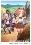  3girls :d animal_ears apron arm_up bangs bare_arms bare_shoulders bear_ears bear_girl bear_paw_hammer bergman&#039;s_bear_(kemono_friends) black_bow black_hair black_legwear black_neckwear black_skirt bow bowtie breast_pocket brown_bow brown_eyes brown_legwear brown_neckwear brown_skirt buttons coat collared_shirt company_name copyright day empty_eyes extra_ears eyebrows_visible_through_hair ezo_brown_bear_(kemono_friends) flower frilled_skirt frills fur_trim grey_hair grey_neckwear hand_on_hip headband high-waist_skirt high_collar high_ponytail holding holding_weapon kemono_friends kemono_friends_3 kodiak_bear_(kemono_friends) long_hair looking_at_another medium_hair microskirt miniskirt multicolored_hair multiple_girls necktie official_art open_clothes open_coat open_mouth open_toe_shoes outdoors over_shoulder pink_apron pink_bow pink_coat pocket ponytail shirt shoes short_twintails sidelocks skirt sleeveless sleeveless_shirt smile standing standing_on_one_leg swept_bangs taku_(fishdrive) thigh-highs toes torn_clothes torn_sleeves twintails very_long_hair weapon weapon_over_shoulder white_shirt wing_collar wrist_bow wrist_cuffs zettai_ryouiki 
