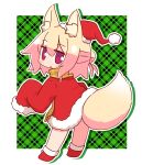  1girl animal_ear_fluff animal_ears bangs blonde_hair blush boots brown_scarf christmas dress eyebrows_visible_through_hair fox_ears fox_girl fox_tail fringe_trim fur-trimmed_dress fur-trimmed_hat fur-trimmed_sleeves fur_trim hair_between_eyes hair_bun hat highres kemomimi-chan_(naga_u) long_hair long_sleeves looking_at_viewer looking_back naga_u original outline plaid plaid_background red_dress red_eyes red_footwear red_headwear santa_costume santa_hat scarf sleeves_past_fingers sleeves_past_wrists solo tail white_outline 