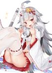  1girl alternate_costume anchor azur_lane budget_sarashi commentary_request grey_hair hair_ornament hibiki_(azur_lane) highres horns japanese_clothes long_hair long_sleeves looking_at_viewer navel nayuta_hilo open_clothes open_mouth red_eyes sarashi simple_background solo thigh-highs weapon white_background white_legwear 