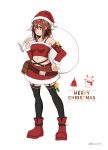  1girl alternate_costume black_legwear boots brown_hair christmas detached_sleeves full_body hairband hand_on_hip hat highres kantai_collection merry_christmas miniskirt orange_eyes porco1127 red_hairband red_headwear red_skirt red_tank_top sack santa_boots santa_costume santa_hat shiratsuyu_(kantai_collection) short_hair skirt solo tank_top thigh-highs white_background 