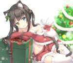  1girl animal_ear_fluff animal_ears bare_shoulders black_hair blue_eyes blurry blurry_background blush bow box cat_ears cat_girl cat_tail christmas christmas_ornaments christmas_tree closed_mouth collarbone commentary_request depth_of_field elbow_gloves fur-trimmed_gloves fur-trimmed_skirt fur_trim garter_straps gift gift_box gloves green_bow hair_bow heterochromia keiran_(ryo170) long_hair navel original red_bow red_gloves red_skirt sack santa_costume skirt smile solo tail thigh-highs twintails very_long_hair white_background white_legwear yellow_eyes 