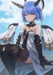  1girl arm_guards arm_warmers armored_boots ashisi azur_lane blue_hair boots breasts clouds cross elbow_pads gascogne_(azur_lane) hair_ornament highres knee_pads looking_at_viewer short_hair sitting sky solo yellow_eyes 