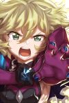  1girl blonde_hair carol_malus_dienheim elbow_gloves gloves green_eyes looking_at_viewer mole mole_under_eye murakami_hisashi open_mouth outstretched_arm ribs senki_zesshou_symphogear shiny shiny_hair shiny_skin short_hair side_cutout sideless_outfit solo teeth 